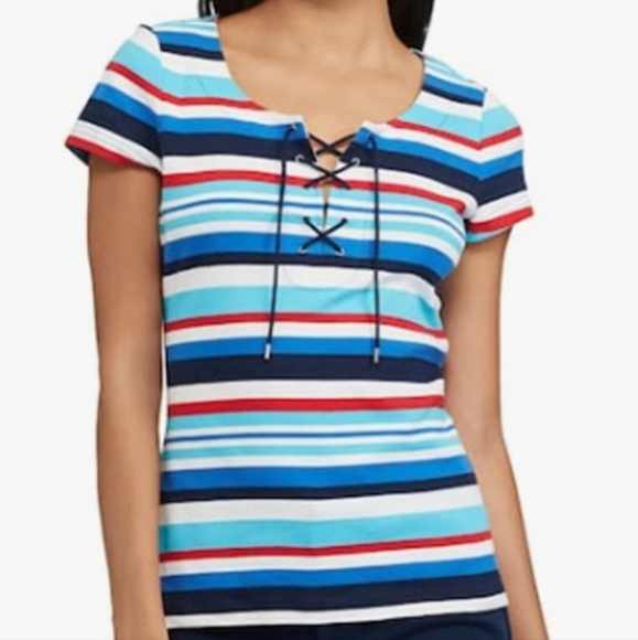 CHAPS Women's Stripped Lace Up Tee - Picture 2 of 11